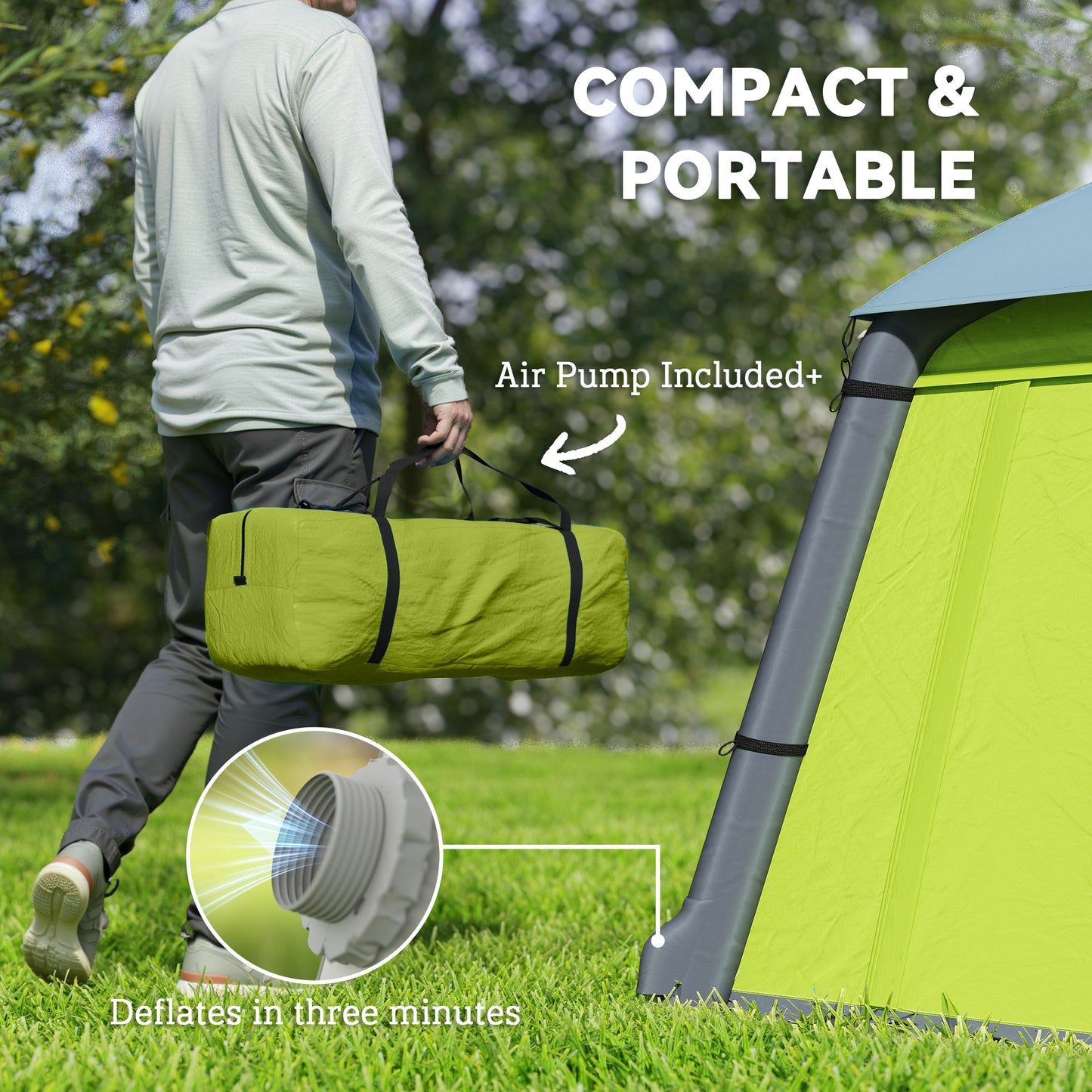 Outsunny Inflatable Camping Tent w/ Hand Pump, Easy Setup 1/2 Person Blow Up Tent Waterproof 190T Taffeta w/ Mesh Windows, Doors and Carry Bag, Green
