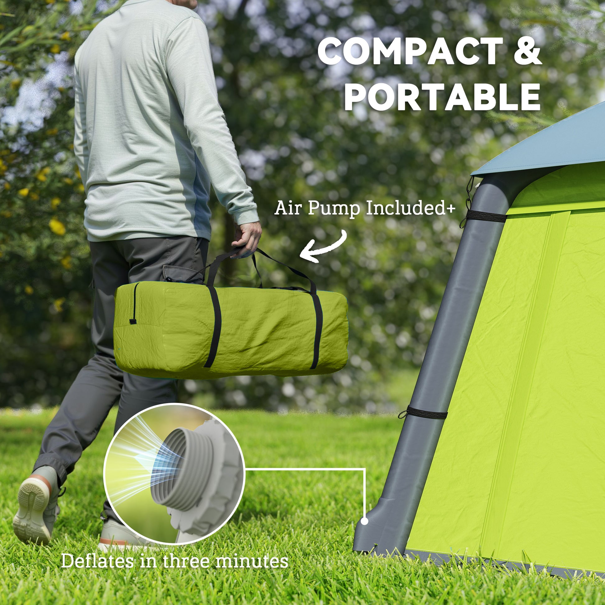 Outsunny Inflatable Camping Tent w/ Hand Pump, Easy Setup 1/2 Person Blow Up Tent Waterproof 190T Taffeta w/ Mesh Windows, Doors and Carry Bag, Green