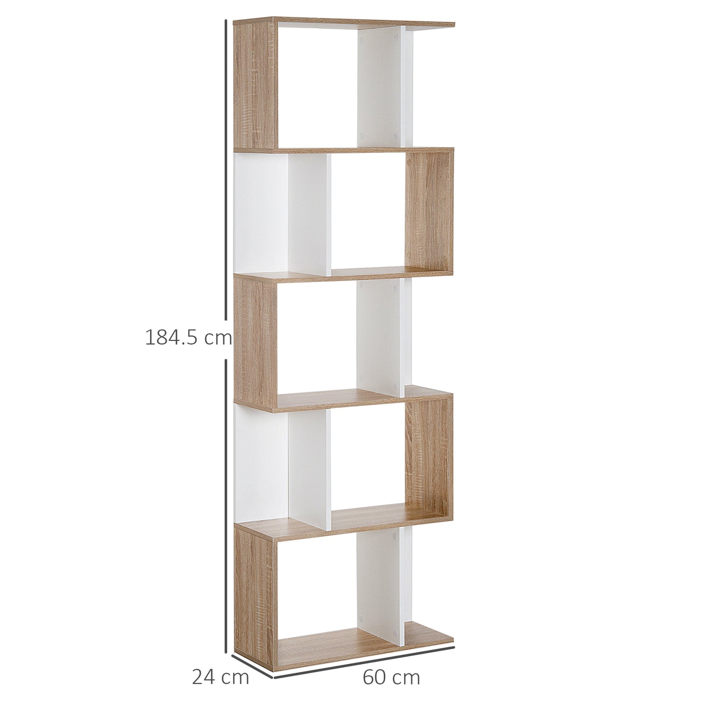 HOMCOM 5-tier Bookcase Storage Display Shelving S Shape design Unit Divider White