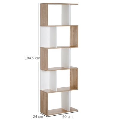 HOMCOM 5-tier Bookcase Storage Display Shelving S Shape design Unit Divider White