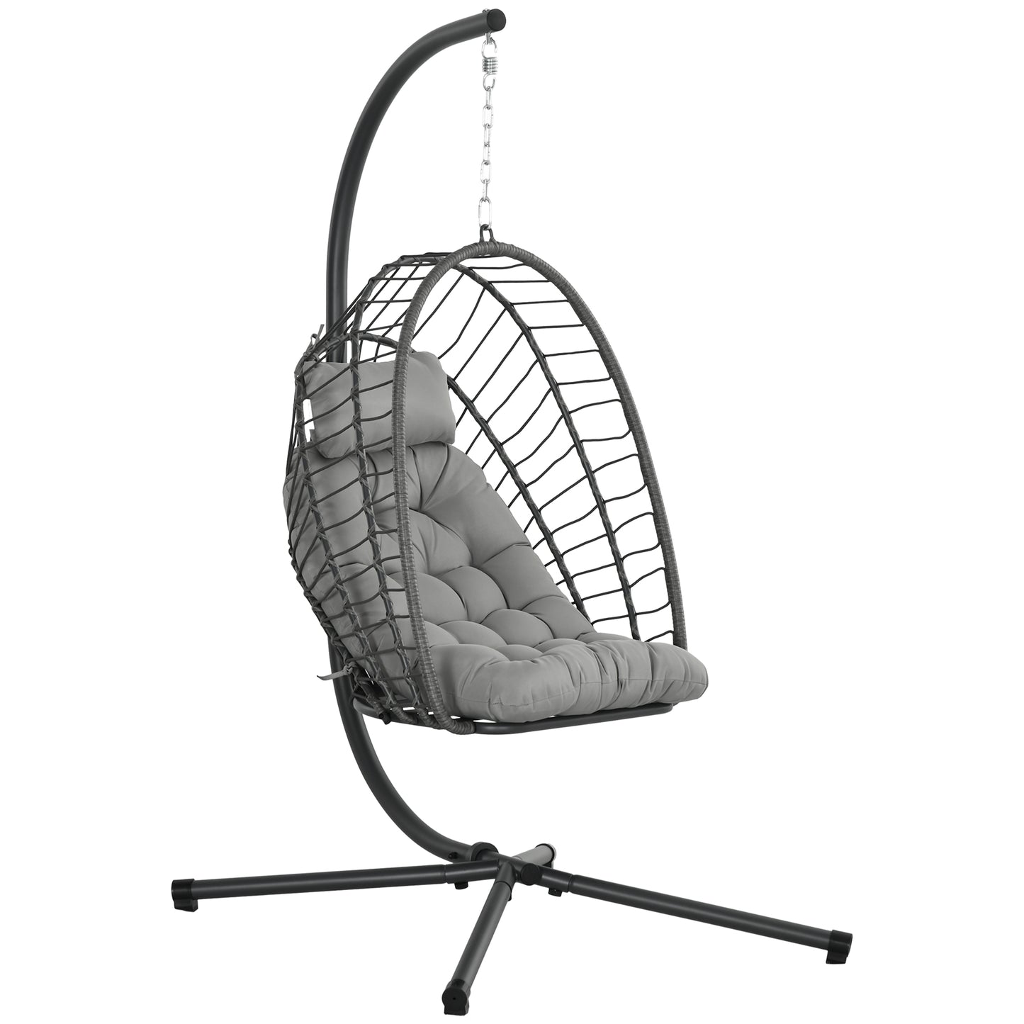 Outsunny Outdoor PE Rattan Swing Chair with Foldable Basket and Cushion, Garden Patio Hanging Egg Chair with Metal Stand, Headrest for Indoor and Outdoor, Light Grey