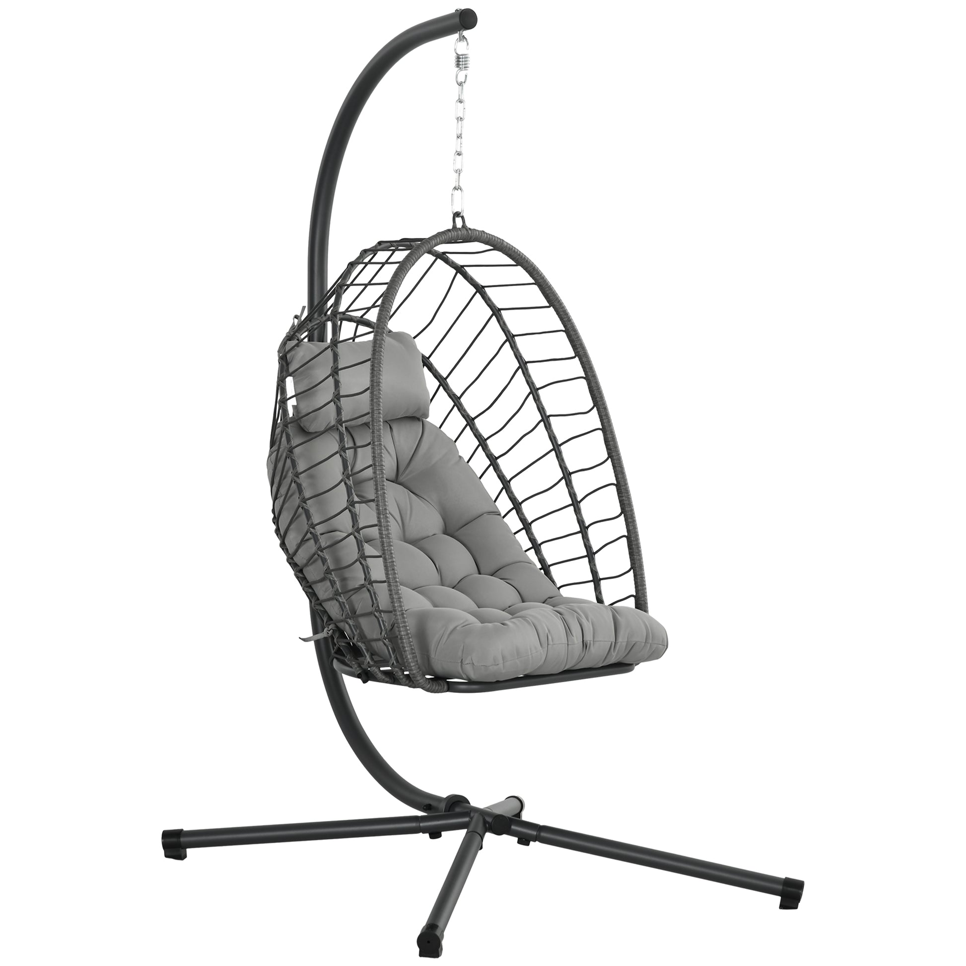 Outsunny Outdoor PE Rattan Swing Chair with Foldable Basket and Cushion, Garden Patio Hanging Egg Chair with Metal Stand, Headrest for Indoor and Outdoor, Light Grey