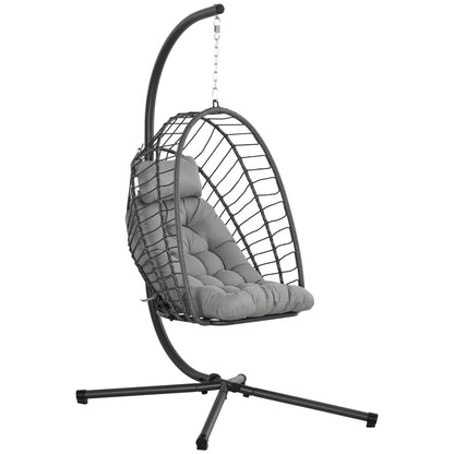 Outsunny Outdoor PE Rattan Swing Chair with Foldable Basket and Cushion, Garden Patio Hanging Egg Chair with Metal Stand, Headrest for Indoor and Outdoor, Light Grey