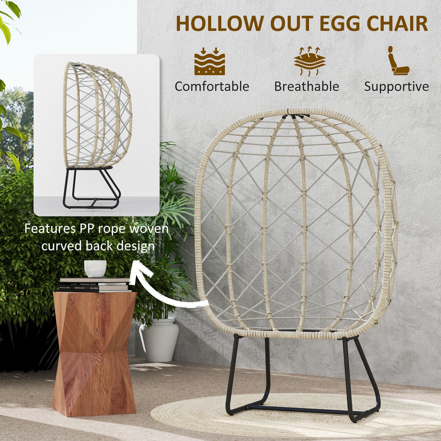 Outsunny Rattan Egg Chair Outdoor Indoor Wicker Chair with Thickened Cushion and Headrest, Standing Garden Egg Chair with Cup Holder, Metal Frame for Patio, Balcony, Grey