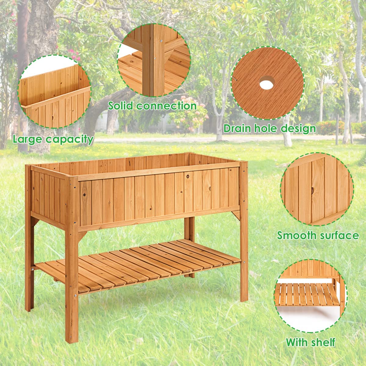 Outdoor Wooden Garden Planter with Shelf and Drain Holes