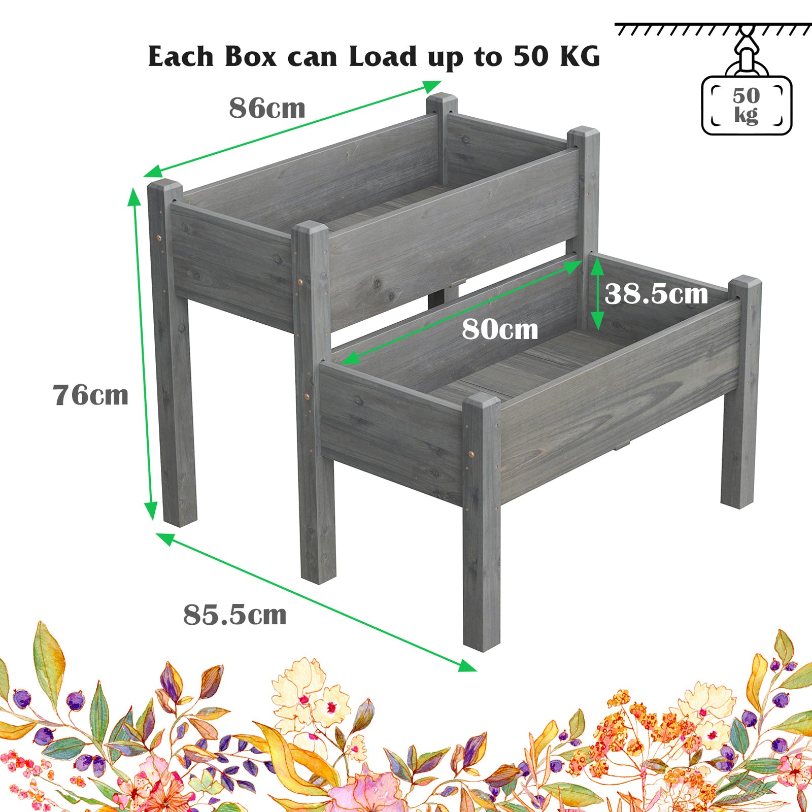 2 Tier Fir Wooden Raised Garden Bed with Drain Holes-Grey