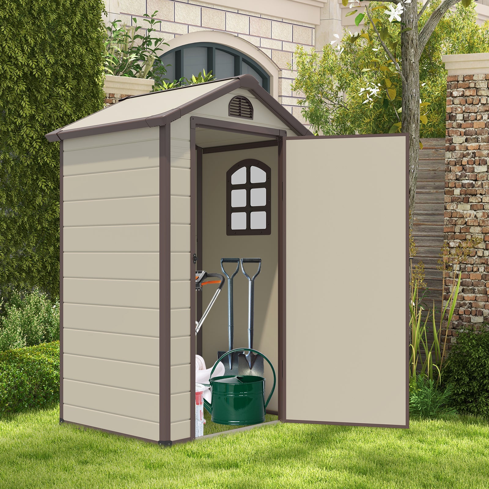 Outdoor Storage Shed with Lockable Door Window and Air Vents-Beige