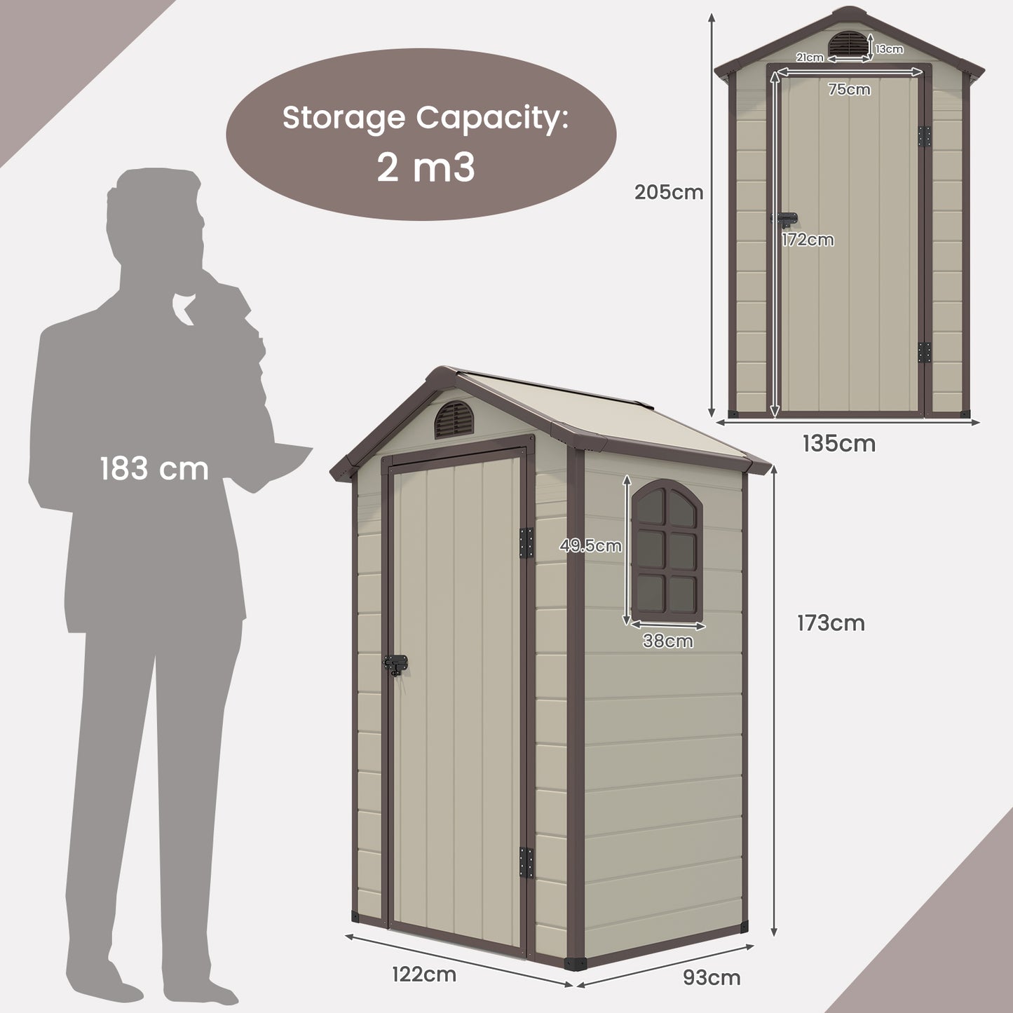 Outdoor Storage Shed with Lockable Door Window and Air Vents-Beige