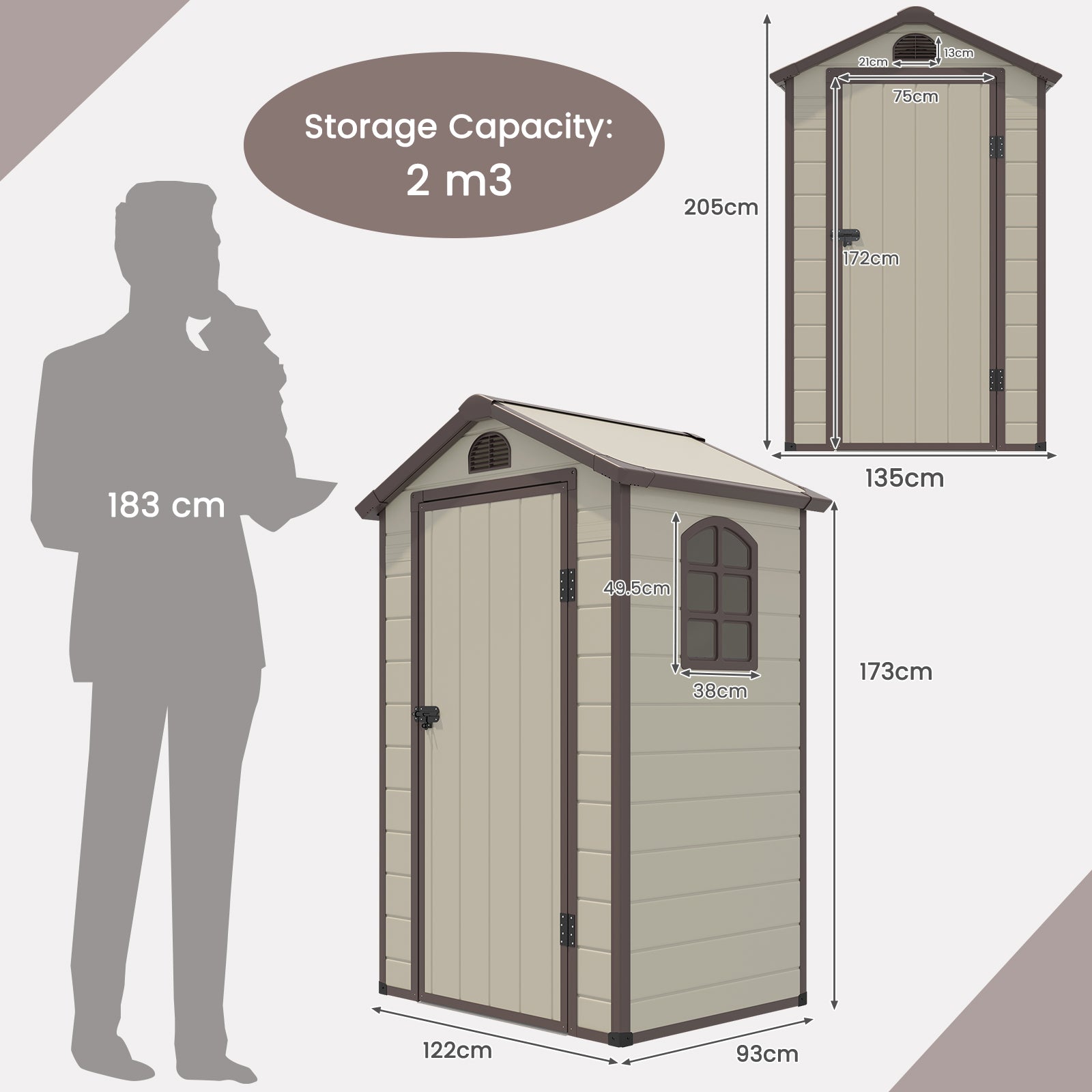 Outdoor Storage Shed with Lockable Door Window and Air Vents-Beige