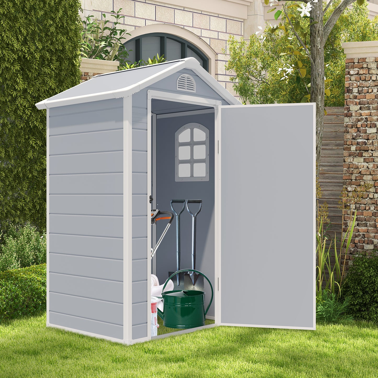 Outdoor Storage Shed with Lockable Door Window and Air Vents-Grey