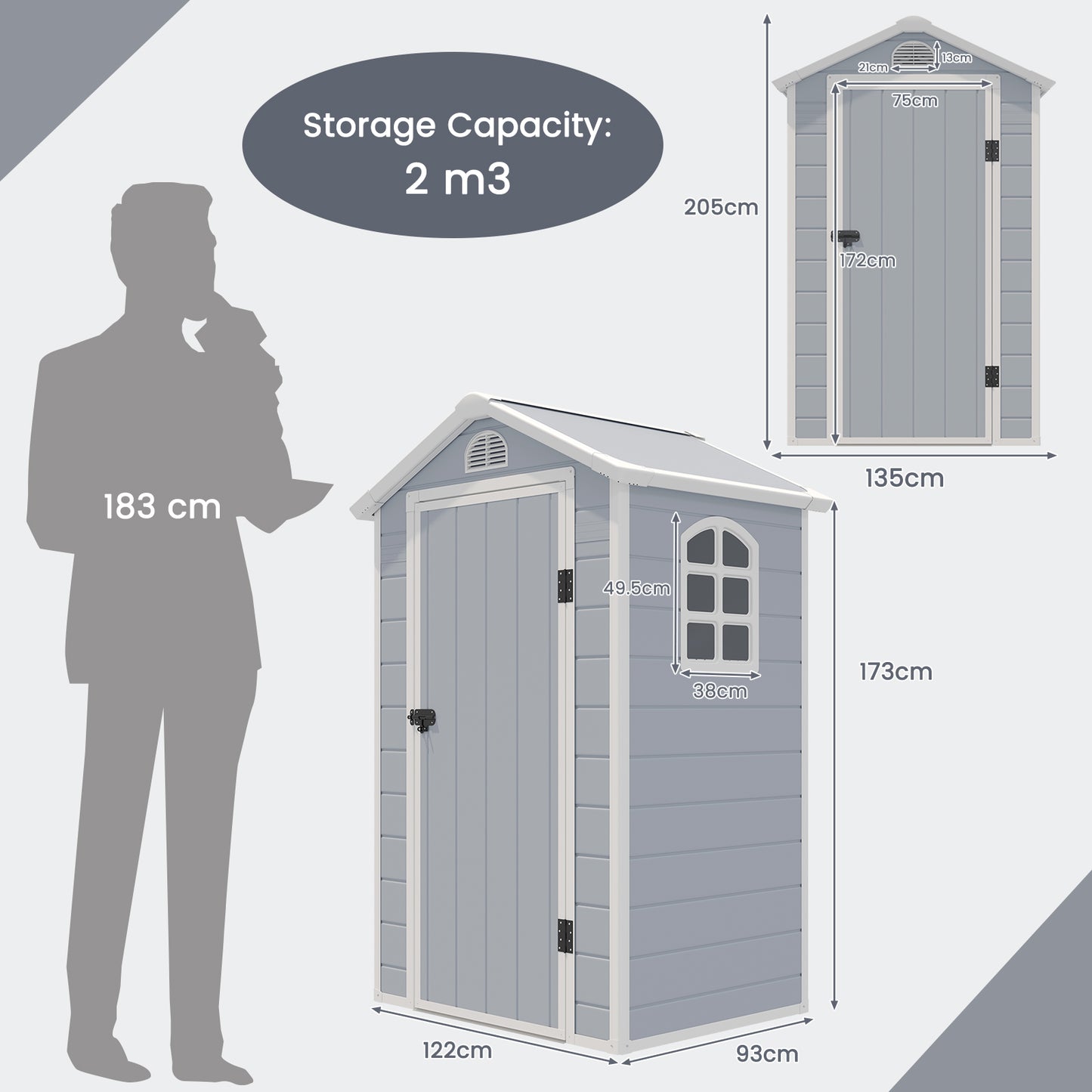 Outdoor Storage Shed with Lockable Door Window and Air Vents-Grey