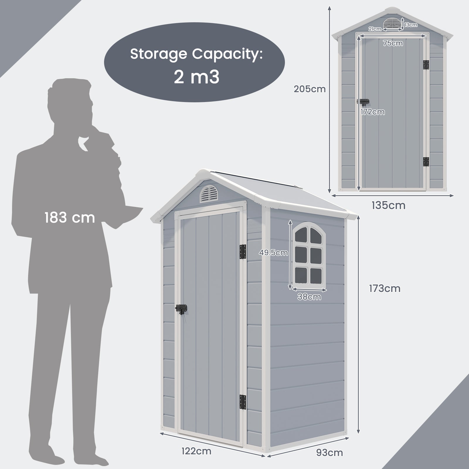 Outdoor Storage Shed with Lockable Door Window and Air Vents-Grey