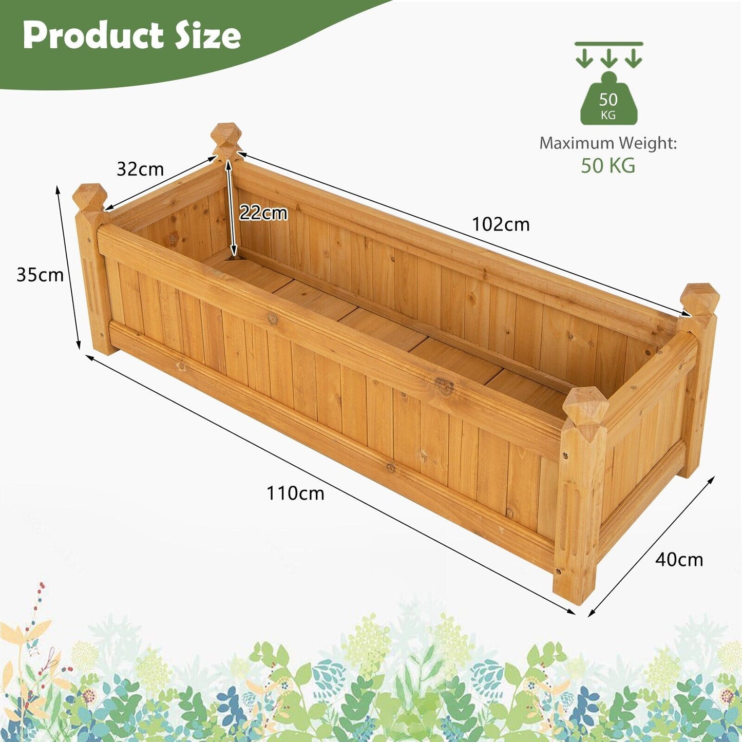 Wooden Raised Garden Bed with Drainage System-Natural
