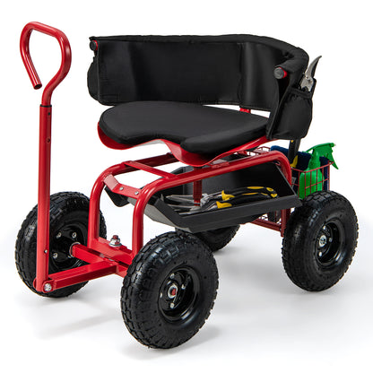 Rolling Garden Cart Scooter with Tires-Red