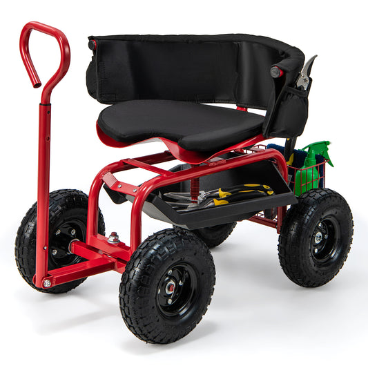 Rolling Garden Cart Scooter with Tires-Red
