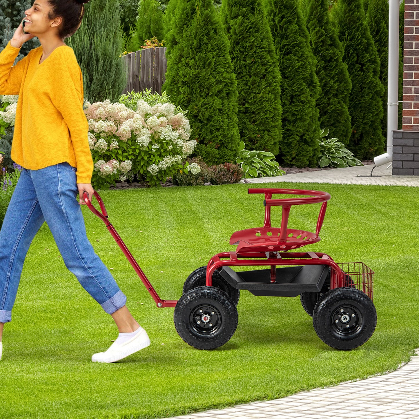 Rolling Garden Cart Scooter with Tires-Red