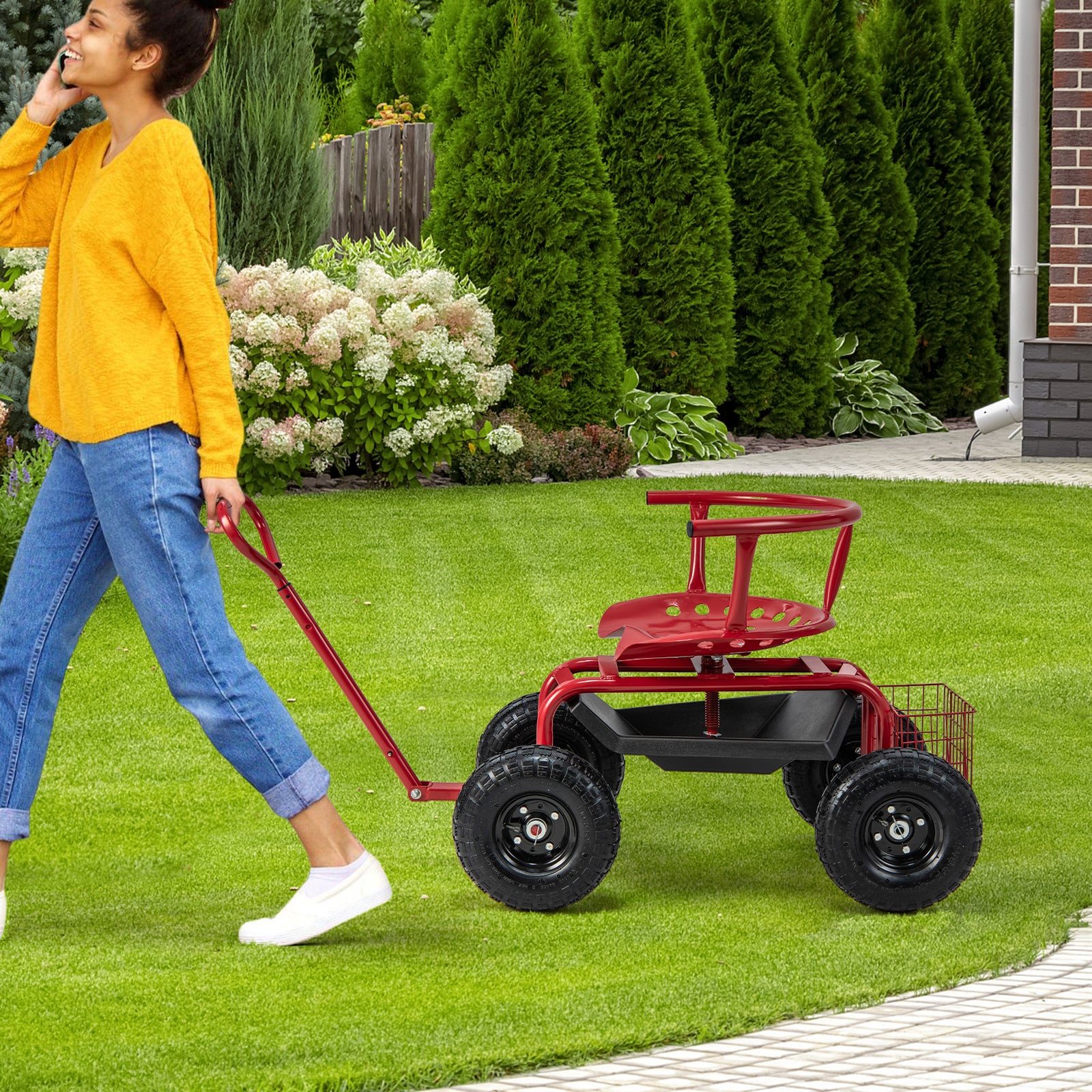 Rolling Garden Cart Scooter with Tires-Red