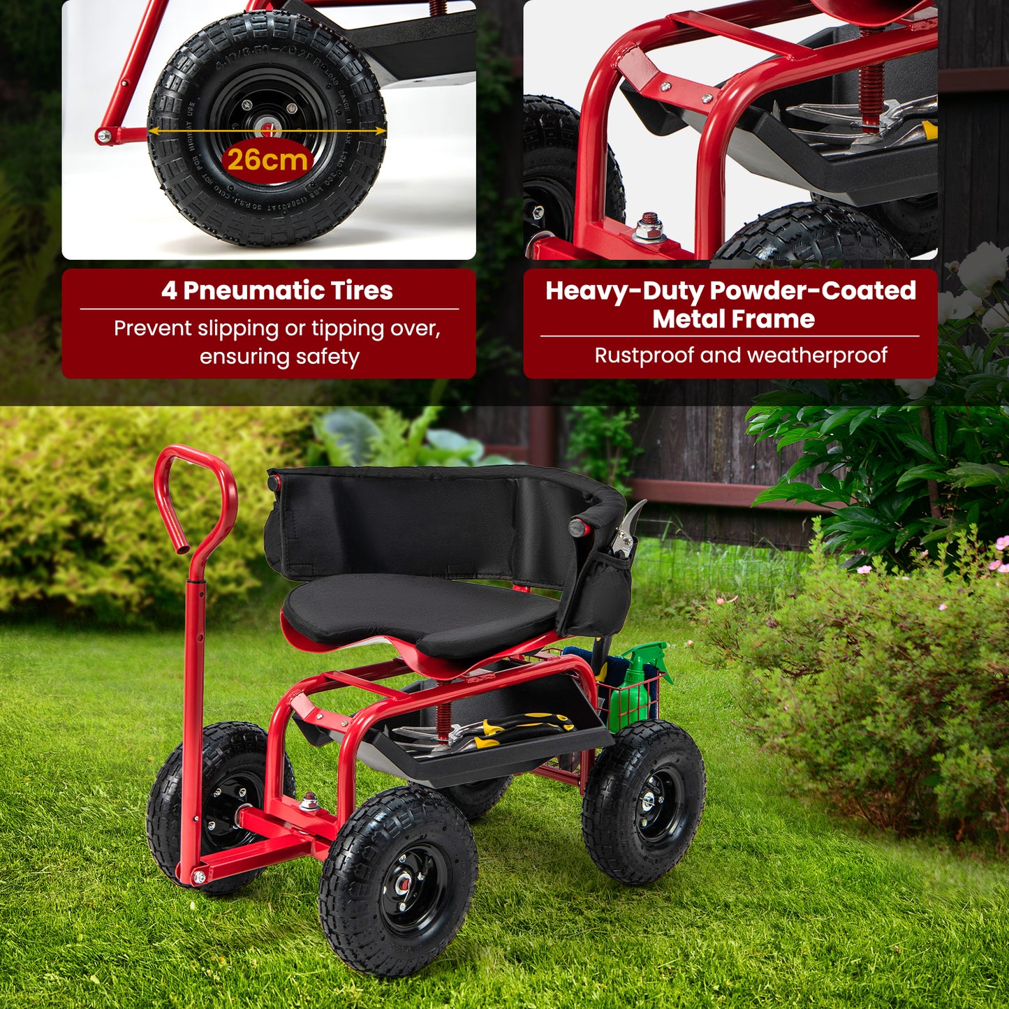 Rolling Garden Cart Scooter with Tires-Red