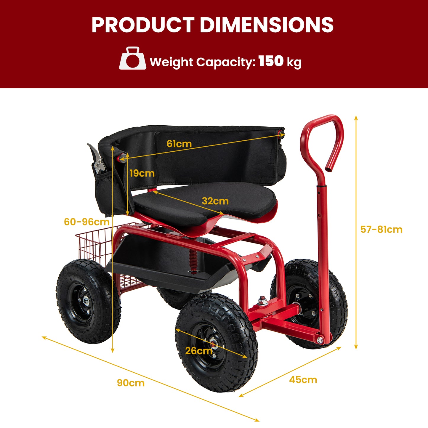 Rolling Garden Cart Scooter with Tires-Red