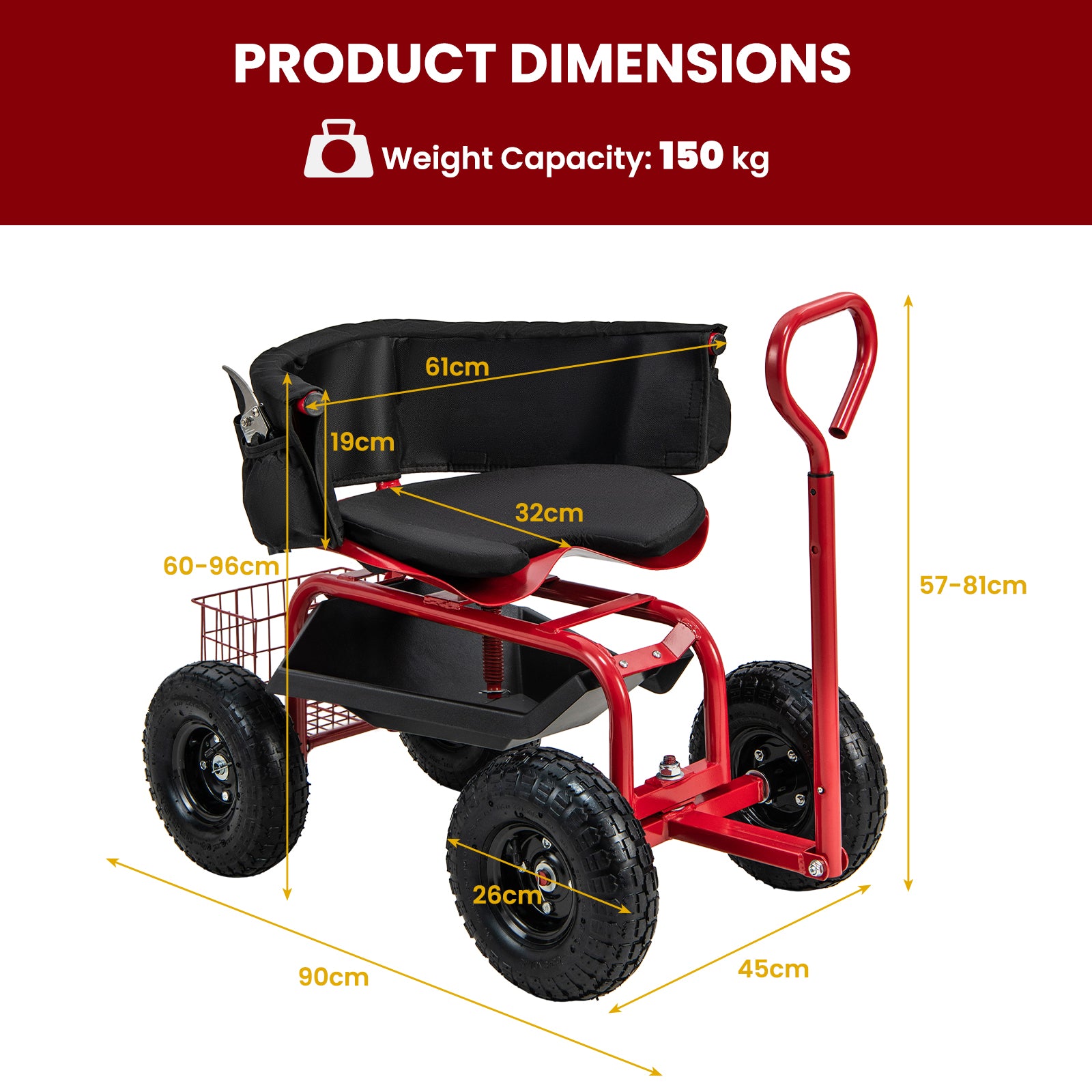 Rolling Garden Cart Scooter with Tires-Red