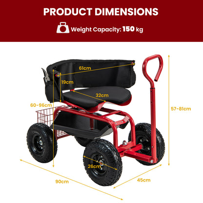 Rolling Garden Cart Scooter with Tires-Red