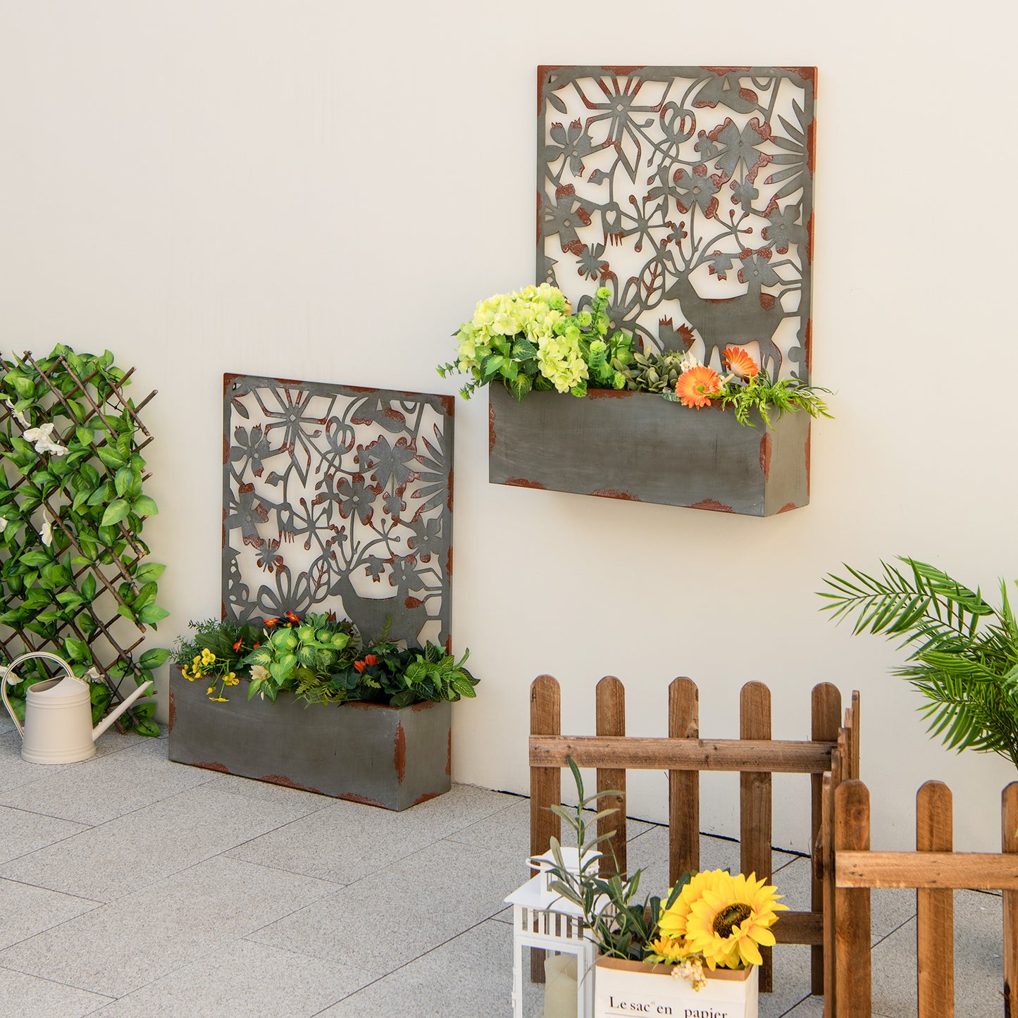 Set of 2 Wall-Mounted Freestanding Raised Garden Bed with Trellis-Rust