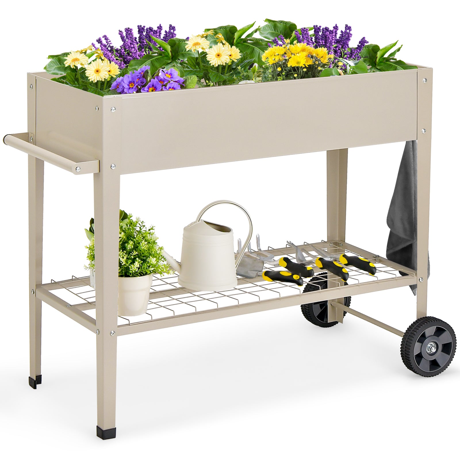 Metal Raised Garden Bed with Wheels Handle and Bottom Shelf-White