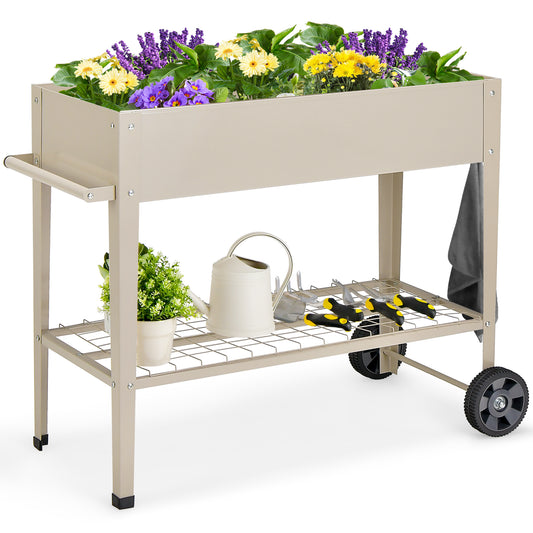 Metal Raised Garden Bed with Wheels Handle and Bottom Shelf-White