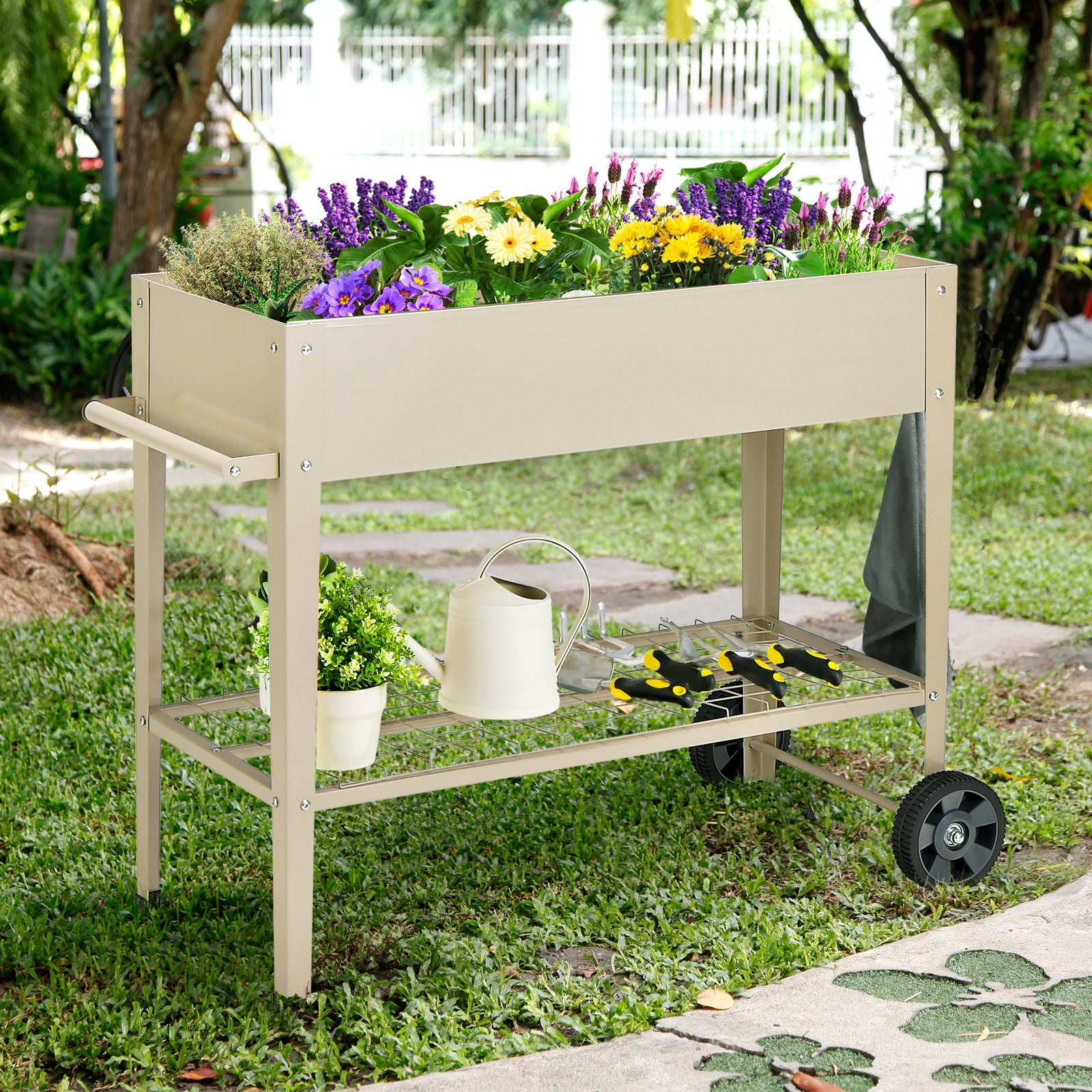 Metal Raised Garden Bed with Wheels Handle and Bottom Shelf-White
