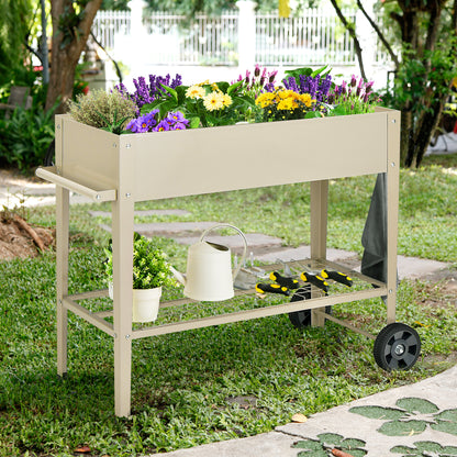 Metal Raised Garden Bed with Wheels Handle and Bottom Shelf-White