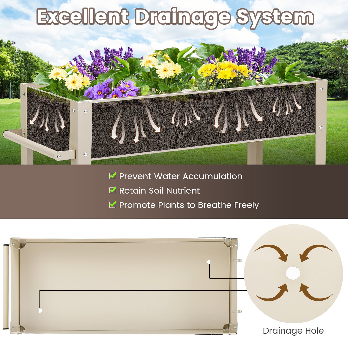 Metal Raised Garden Bed with Wheels Handle and Bottom Shelf-White