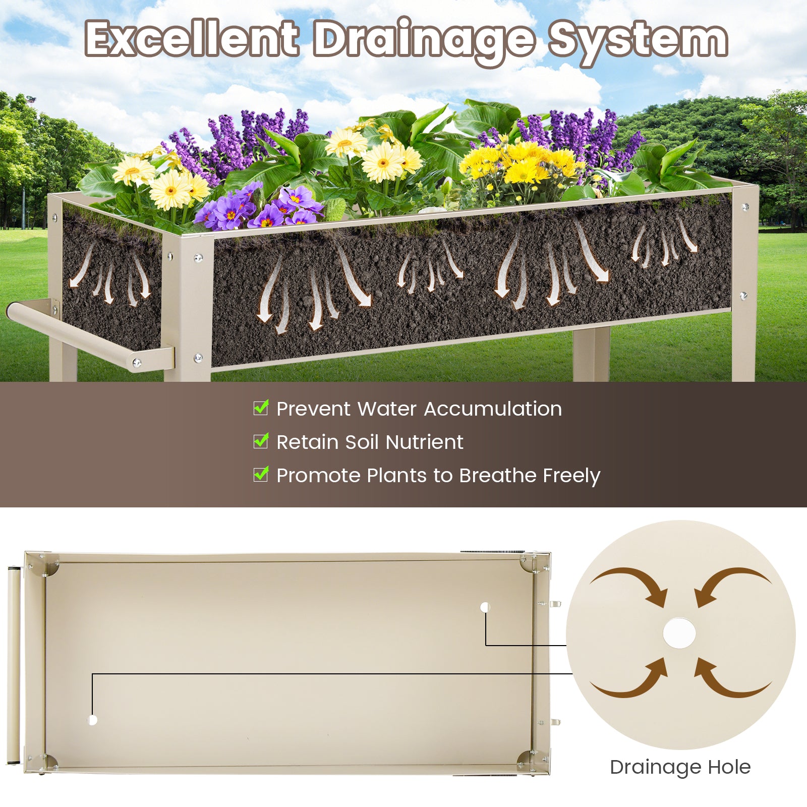 Metal Raised Garden Bed with Wheels Handle and Bottom Shelf-White