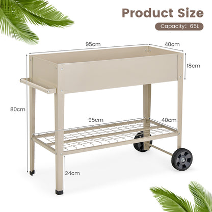 Metal Raised Garden Bed with Wheels Handle and Bottom Shelf-White