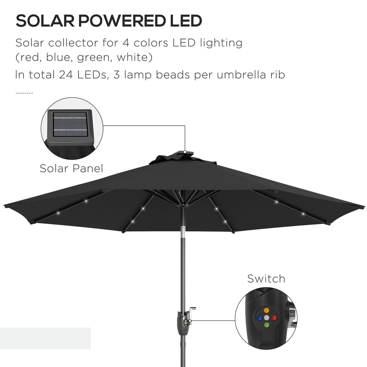 Outsunny ?2.7m Garden Parasol Solar Outdoor Tilt Sun Umbrella Patio Sun Shade w/ 24 LED Light, Hand Crank and 8 Ribs, Black