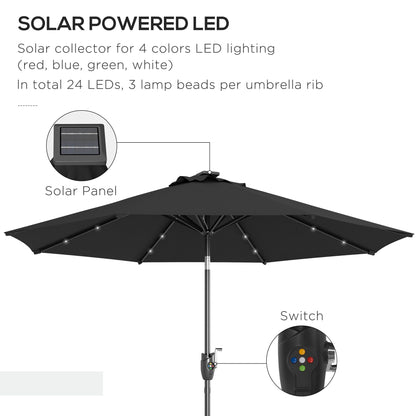 Outsunny ?2.7m Garden Parasol Solar Outdoor Tilt Sun Umbrella Patio Sun Shade w/ 24 LED Light, Hand Crank and 8 Ribs, Black