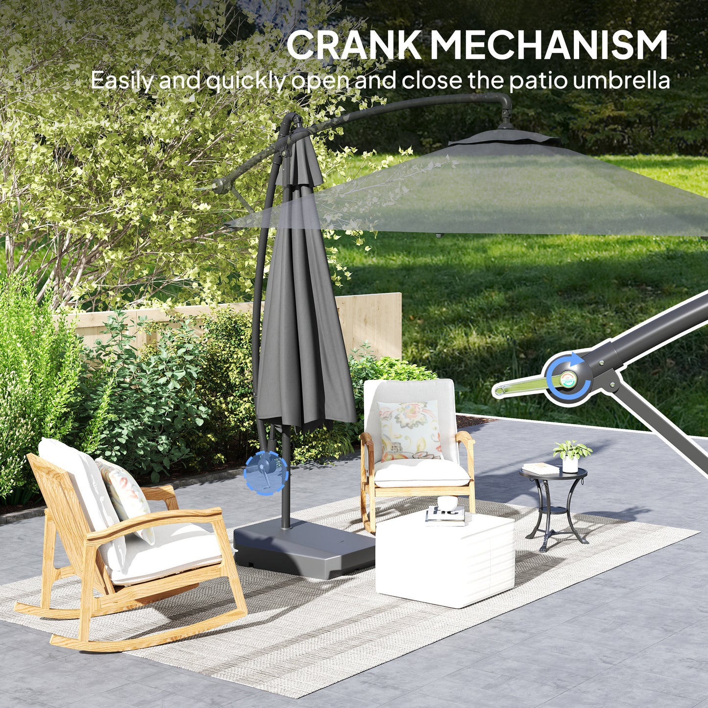 Outsunny 3(m) Garden Cantilever Parasol with Fillable Base up to 90kg, Wind Protection Strap, Cover, Round Banana Hanging Umbrella with Crank Handle and Tilt, UPF50+ Patio Umbrella, Grey