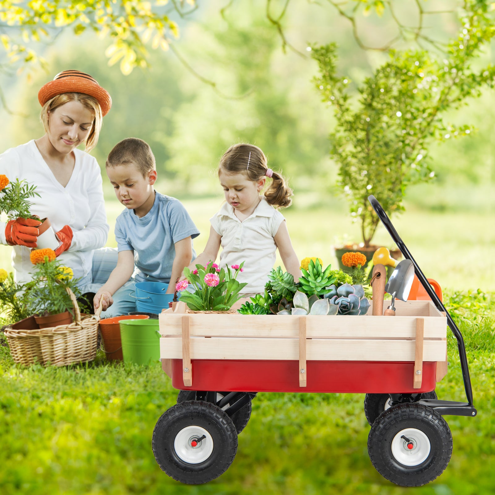 Garden Cart with Wood Railing for Farm Garden Orchard Camping