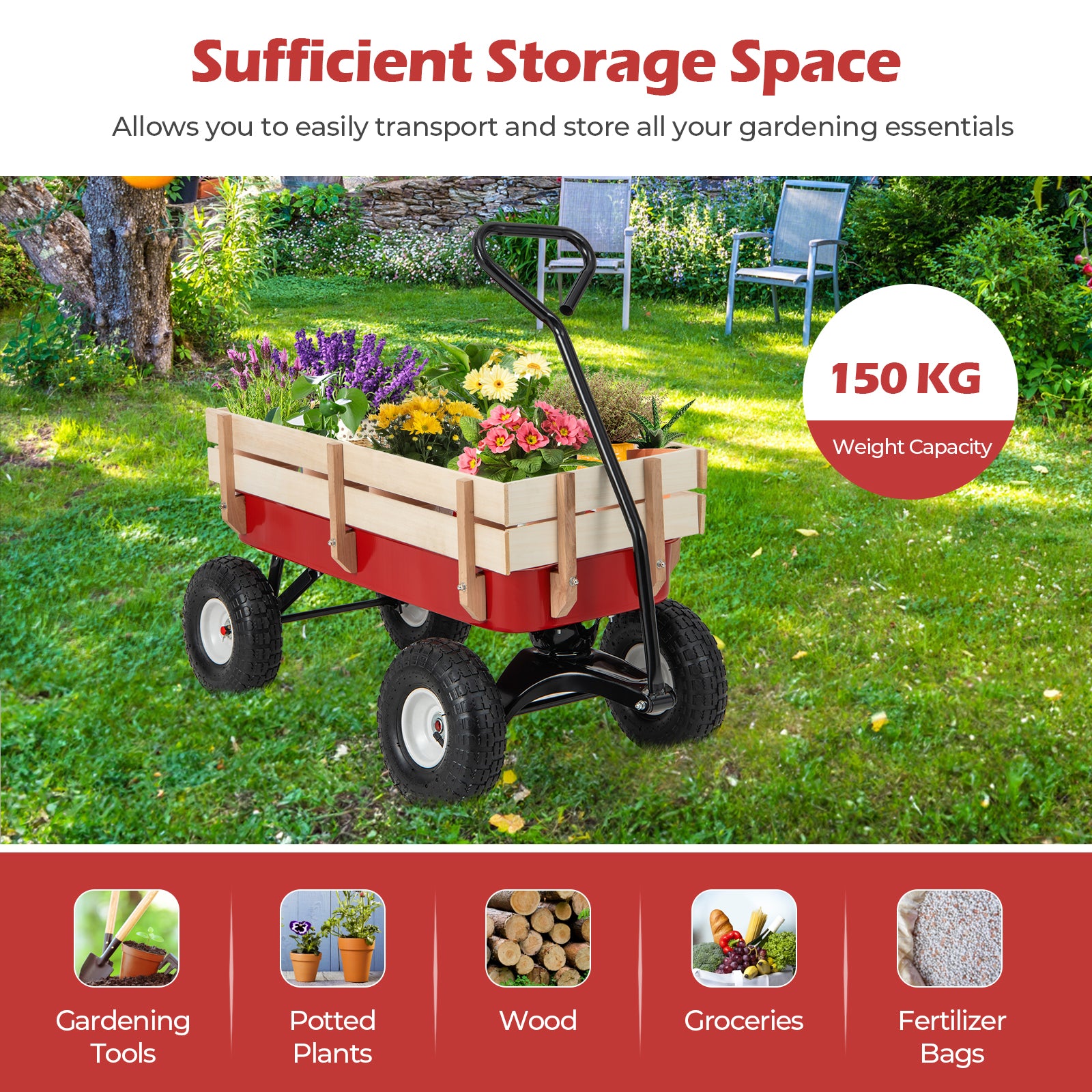 Garden Cart with Wood Railing for Farm Garden Orchard Camping