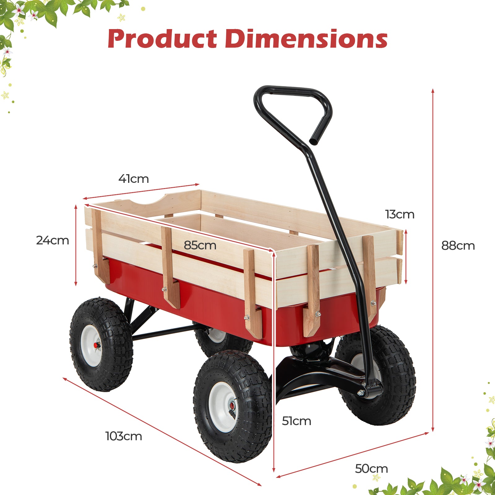 Garden Cart with Wood Railing for Farm Garden Orchard Camping
