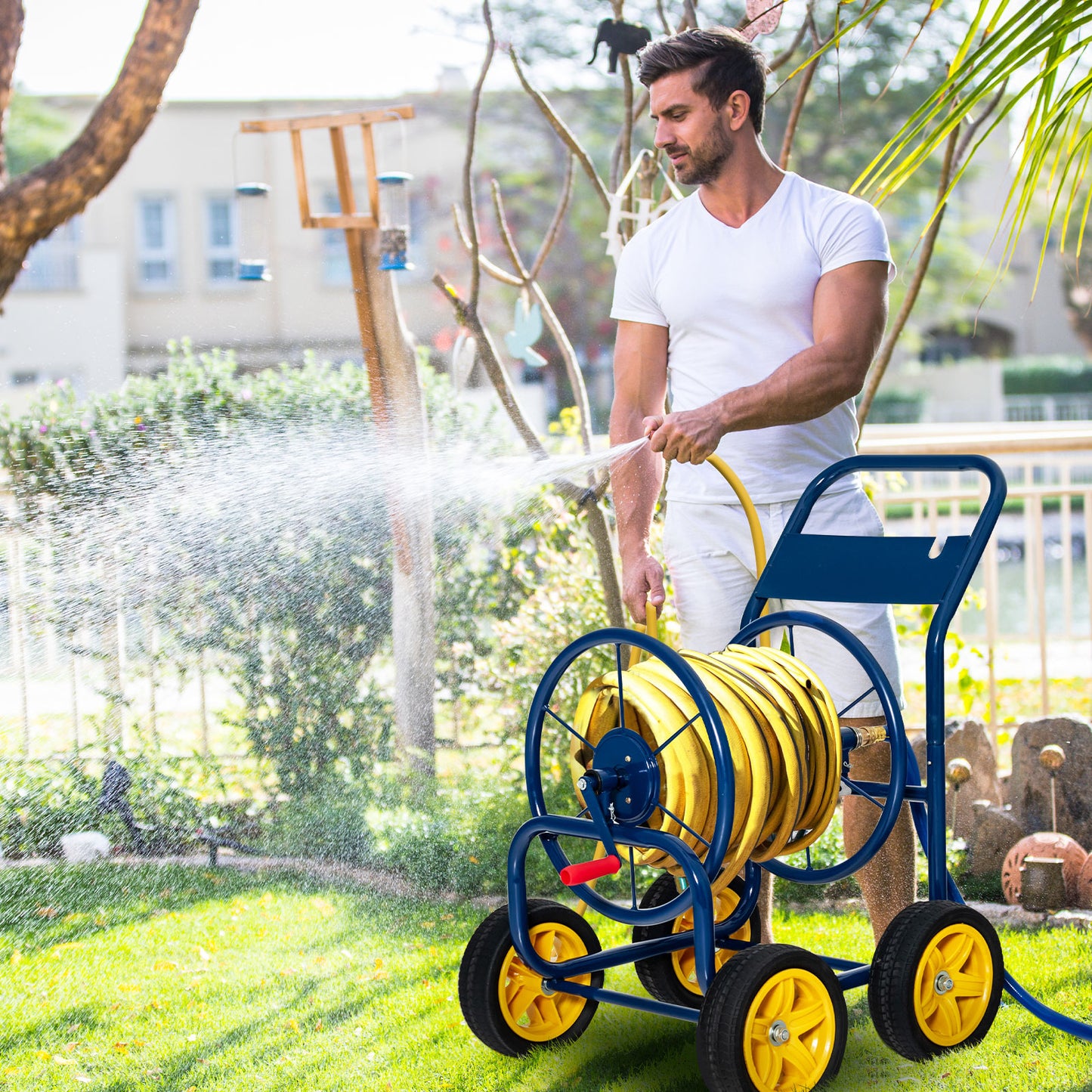 Garden Hose Reel Cart with Wheels and Non-slip Grip-Blue