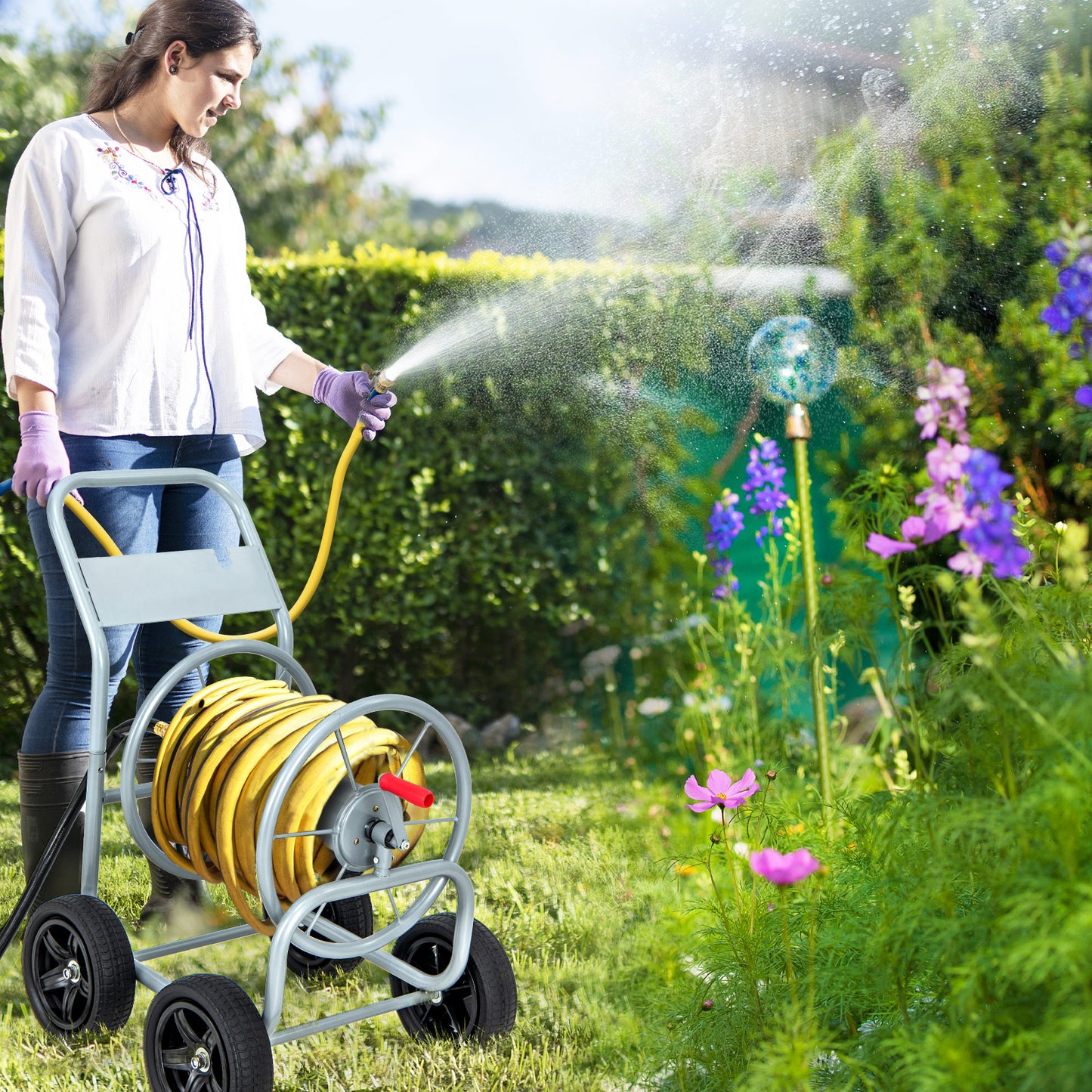 Garden Hose Reel Cart with Wheels and Non-slip Grip-Silver