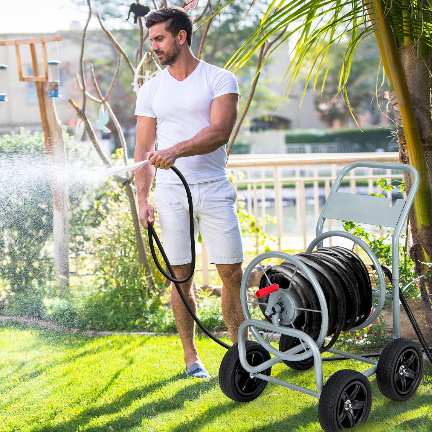 Garden Hose Reel Cart with Wheels and Non-slip Grip-Silver