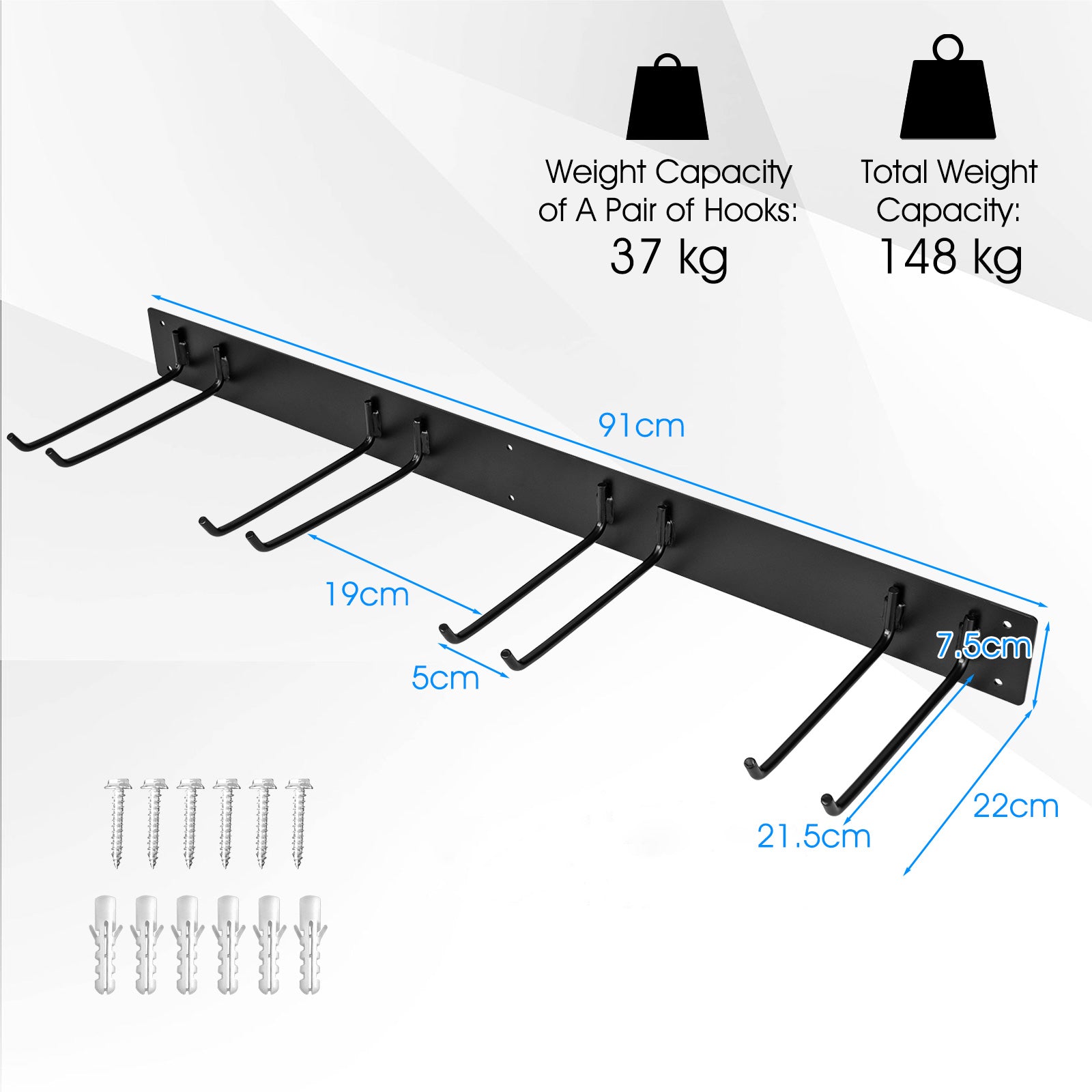 Garden Tool Organizer with 8 Hooks for Shovels, Rakes and More-Black