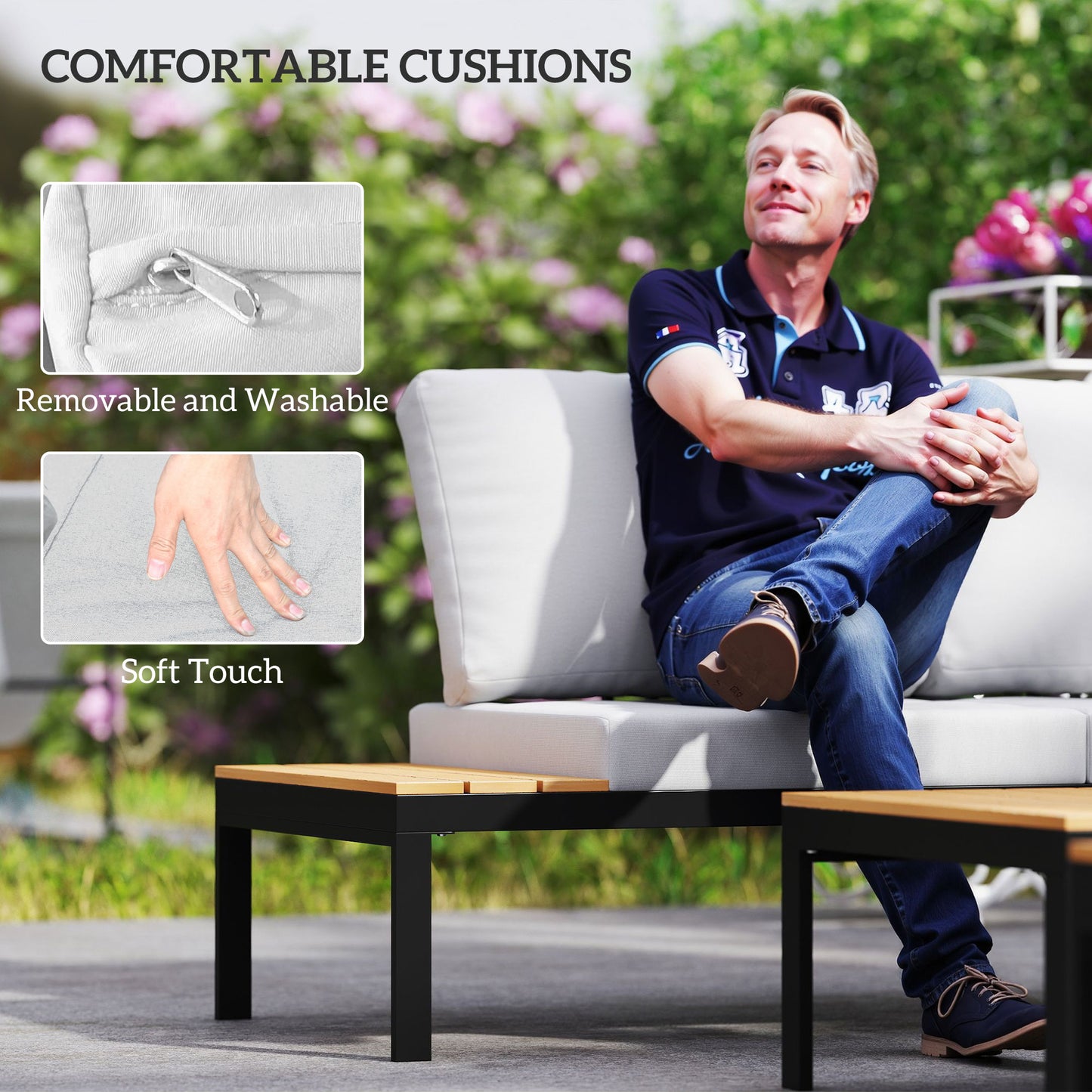 Outsunny Four-Piece Garden Corner Sofa Set with 2 Loveseats and 2 Coffee Tables - Teak