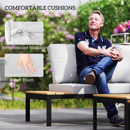 Outsunny Four-Piece Garden Corner Sofa Set with 2 Loveseats and 2 Coffee Tables - Teak