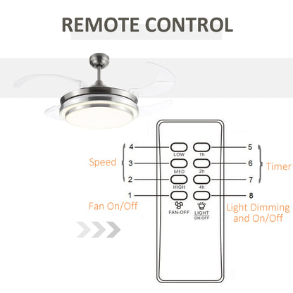 HOMCOM Indoor Ceiling Fan with Light, Retractable Blades, Modern Mount Dimmable LED Lighting Fan with Remote Controller, for Bedroom, Living Room