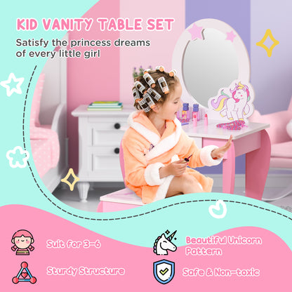 HOMCOM Girls Dressing Table w/ Mirror & Stool, Kids Dressing Table, Unicorn Pretend Play Toy for Toddles Age 3-6 Years, Acrylic Mirror, Pink & White
