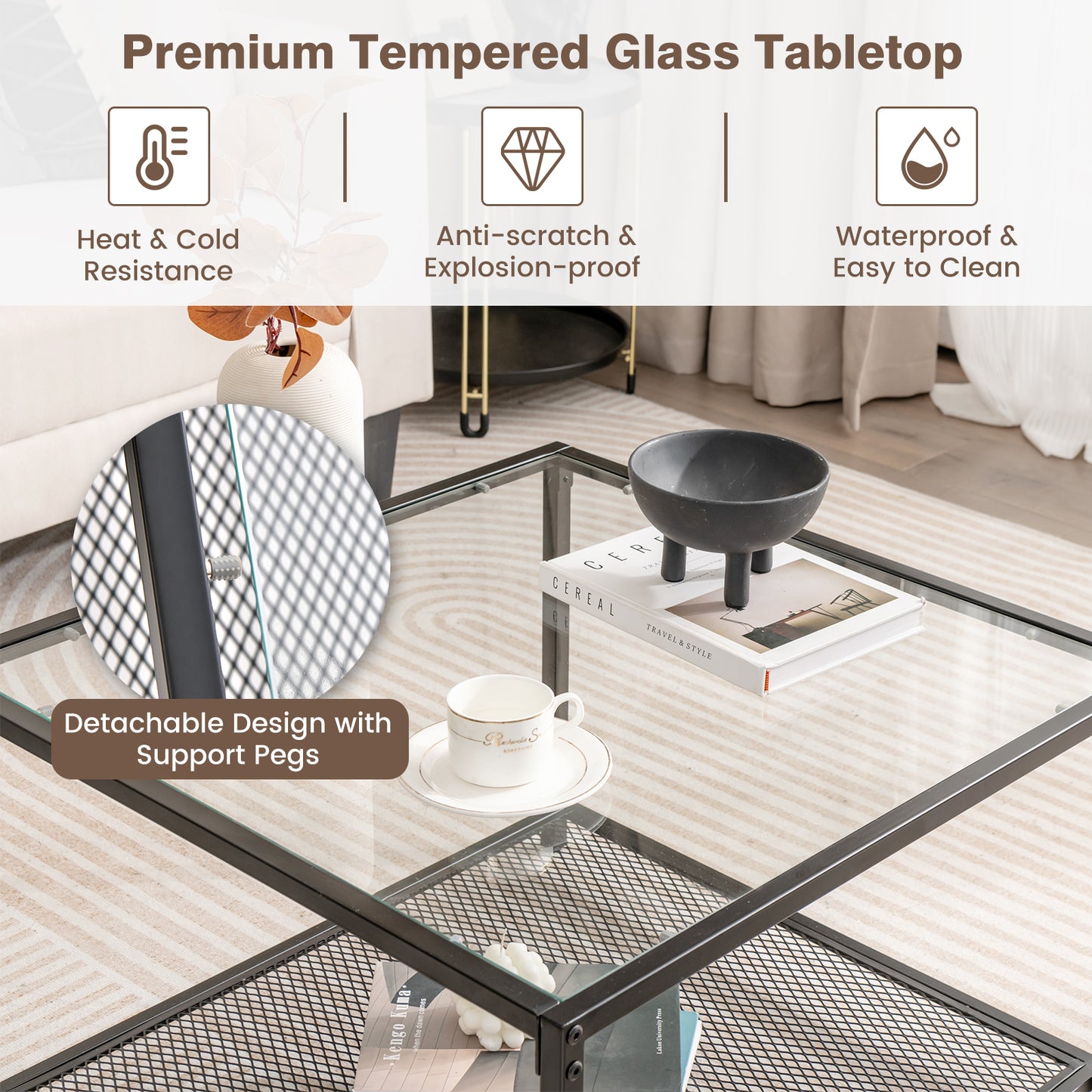 Modern 2-Tier Square Glass Coffee Table with Storage-Black