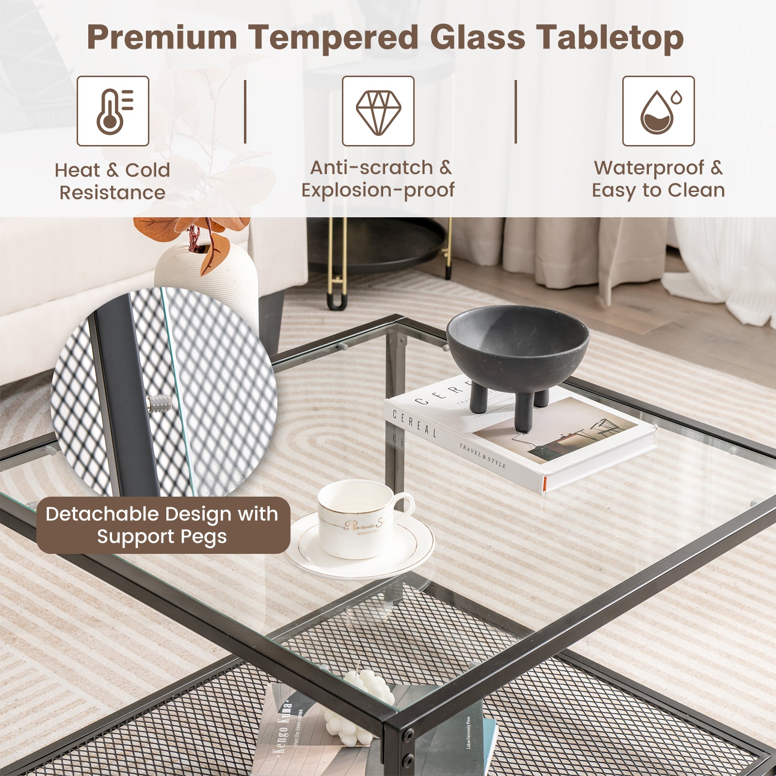 Modern 2-Tier Square Glass Coffee Table with Storage-Black
