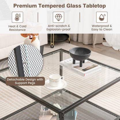 Modern 2-Tier Square Glass Coffee Table with Storage-Black
